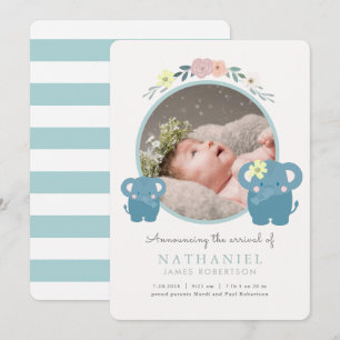 Elephant Blue Floral Boy Photo Faire-part de naiss