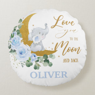 Elephant Blue Floral Love you to the Moon and Back Round Pillow