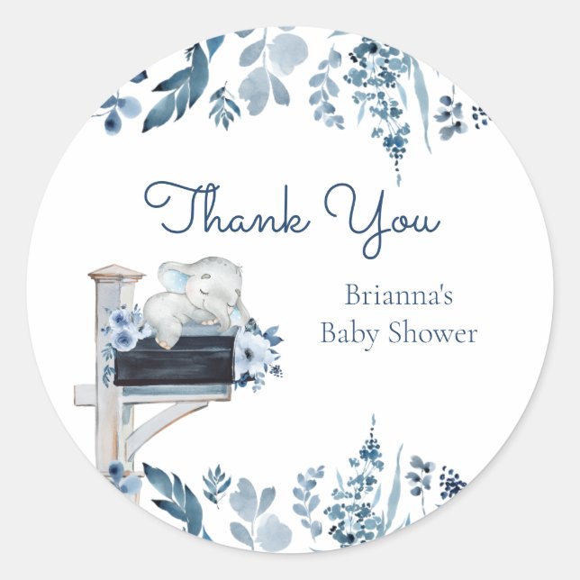Elephant Blue Flowers Baby Shower by Mail Classic Round Sticker (Front)