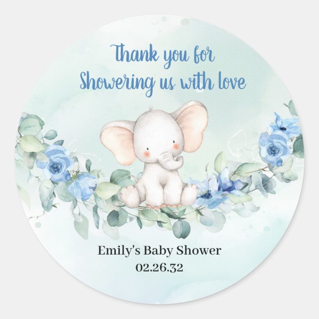 Elephant blue flowers eucalyptus wreath Shower Classic Round Sticker (Front)