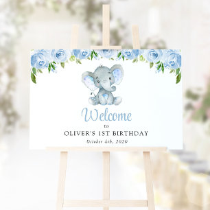 Elephant, Blue Flowers, First Birthday Welcome Poster