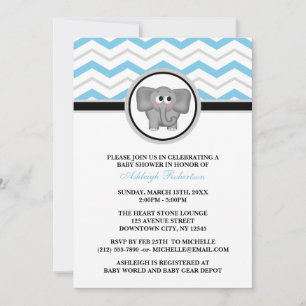 Elephant Blue Grey Chevron Baby Shower Invitations