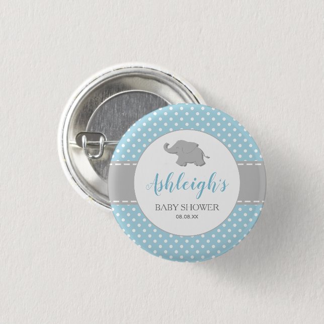 Elephant Blue Grey Polka Dot Boy Baby Shower 1 Inch Round Button (Front & Back)