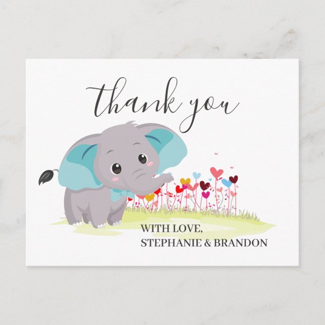 Elephant Blue Heart Balloons Thank You  Card (Front)