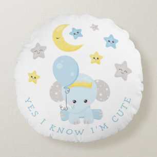Elephant Blue I Know I Am Cute Text Baby Boy Name Round Pillow