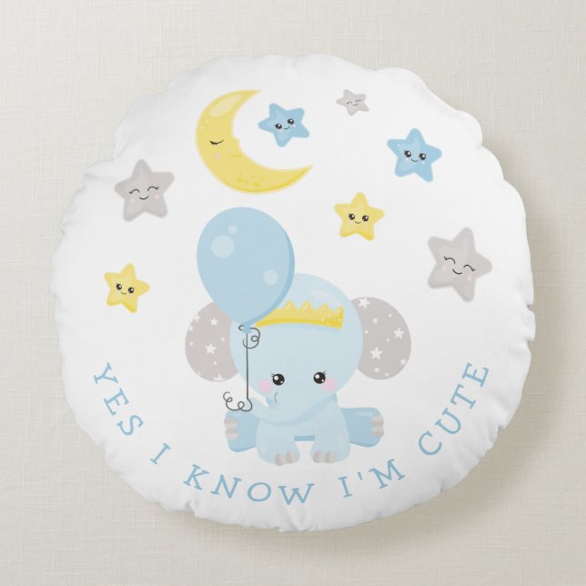Elephant Blue I Know I Am Cute Text Baby Boy Name Round Pillow (Front)