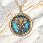 Elephant Blue Mosaic Stained Glass Gold Plated Necklace<br><div class="desc">On this unique necklace is an image of a grey brown elephant walking toward the viewer with a blue mosaic stained glass style background. An ornate design border adds elegance to the perimeter. Be sure to see the matching earrings and key chain in our store.</div>