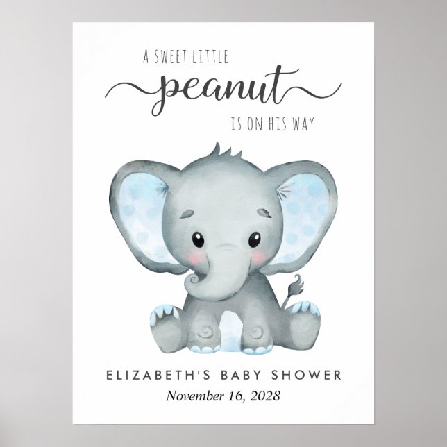 Elephant Blue Watercolor Baby Boy Shower Welcome Poster (Front)