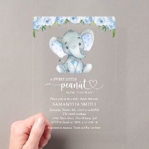 Elephant, Blue Watercolor Flowers, Baby Shower Acrylic Invitations