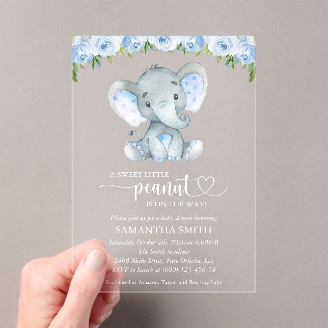 Elephant, Blue Watercolor Flowers, Baby Shower Acrylic Invitations (Insitu (Handheld))
