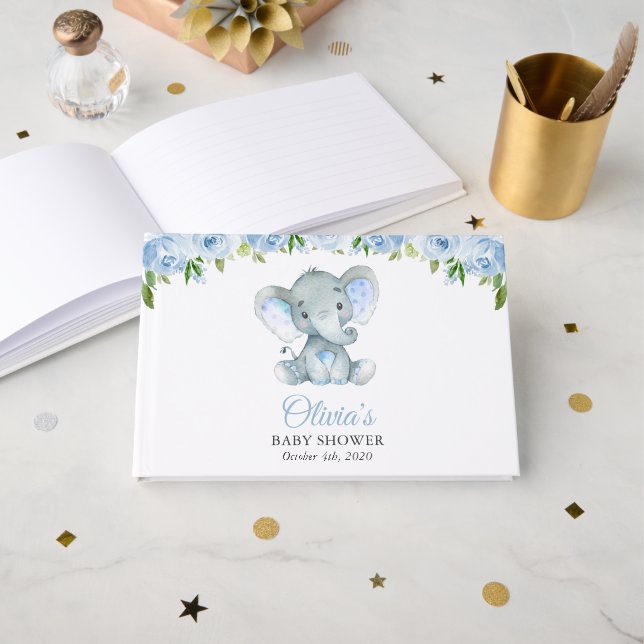 Elephant, Blue Watercolor Flowers, Baby Shower Guest Book (Front Open)