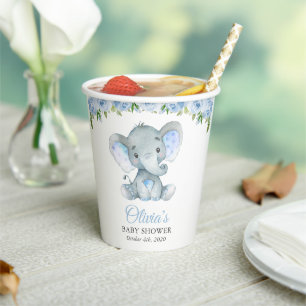 Elephant, Blue Watercolor Flowers, Baby Shower Paper Cups