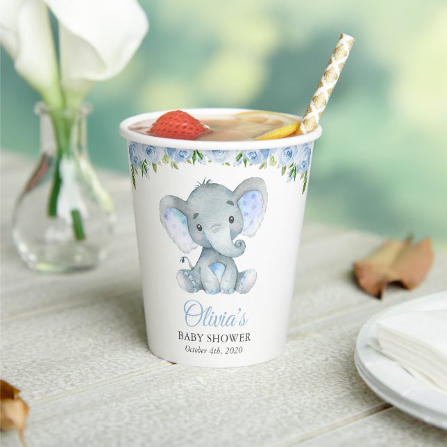 Elephant, Blue Watercolor Flowers, Baby Shower Paper Cups (Insitu)