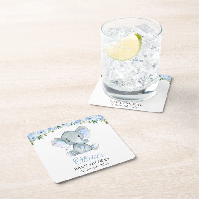 Elephant, Blue Watercolor Flowers, Baby Shower Square Paper Coaster (Insitu)