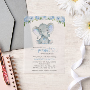 Elephant, Blue Watercolor Flowers, Baby Shower Vellum Invitations