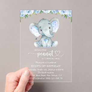 Elephant, Blue Watercolor Flowers, First Birthday Acrylic Invitations