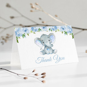 Elephant, Blue Watercolor Flowers, First Birthday Thank You Card
