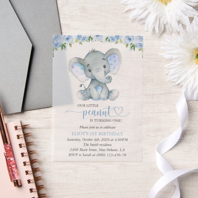 Elephant, Blue Watercolor Flowers, First Birthday Vellum Invitations (Wedding)