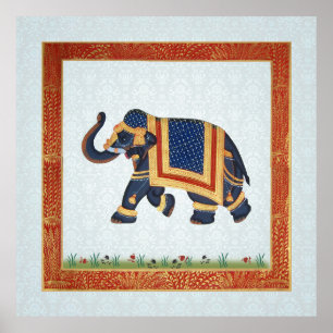 Elephant blue white red gold print Poster
