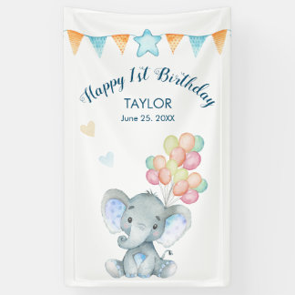 Elephant Blush Blue Star Happy 1st Birthday Banner