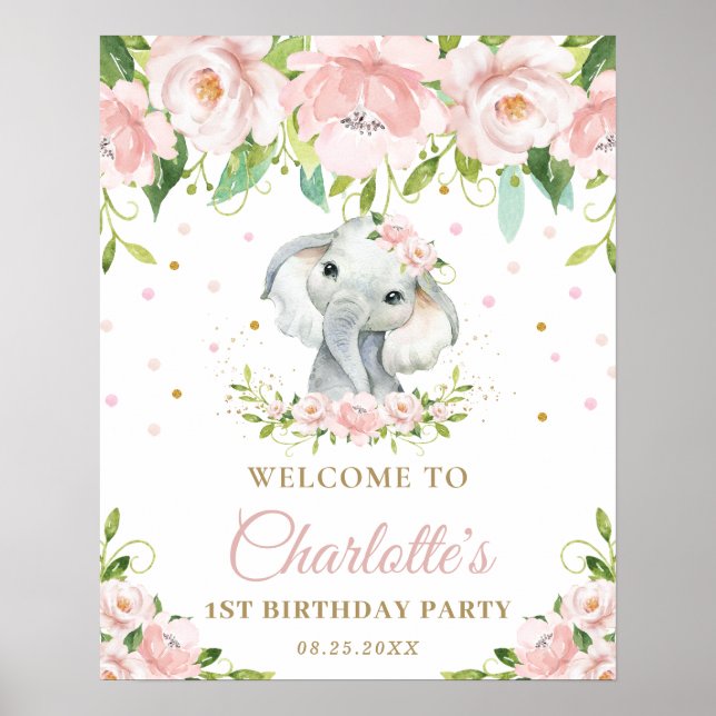 Elephant Blush Pink Floral 1st Birthday Welcome Poster (Front)