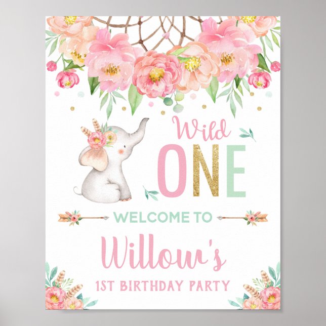 Elephant Boho Pink Floral 1st Birthday Welcome Poster (Front)