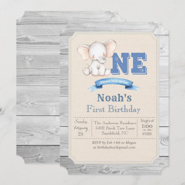 Elephant Boy 1er Anniversaire Invitation (Devant / Derrière)