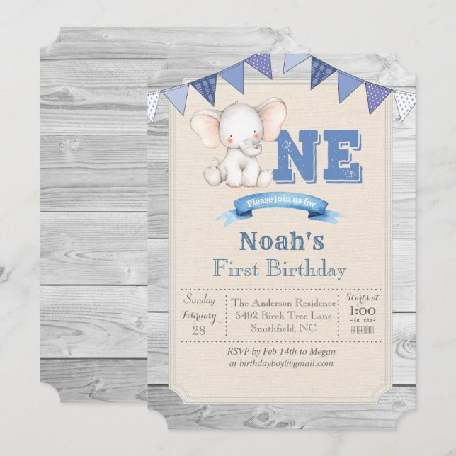 Elephant Boy 1er Anniversaire Invitation (Devant / Derrière)