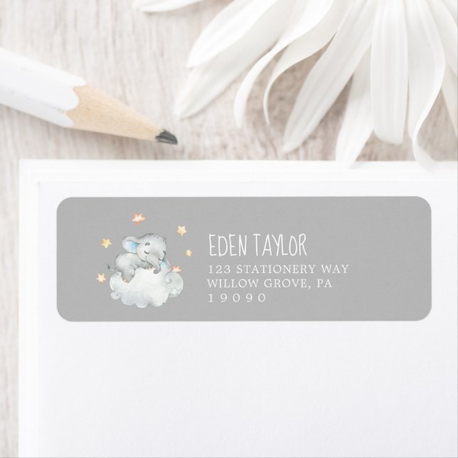 Elephant Boy | Adresse de retour Baby shower gris (En situation)