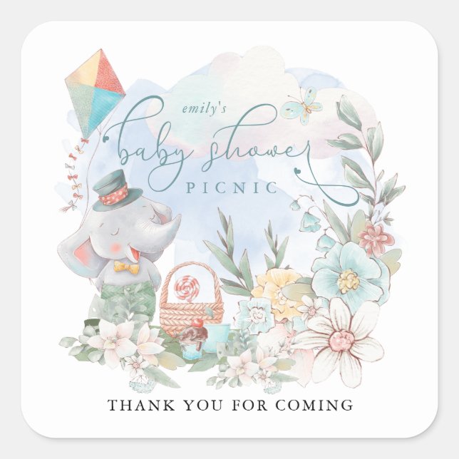 Elephant Boy Baby Shower Picnic Florals Thank You Square Sticker (Front)