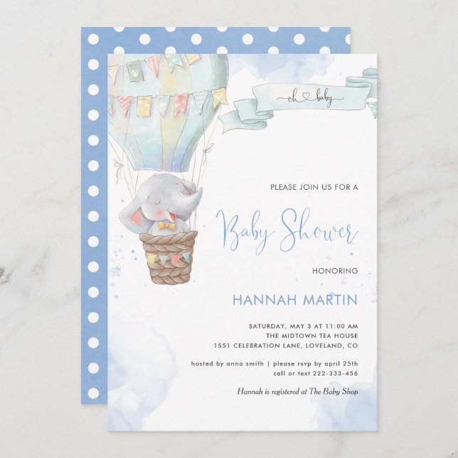 Elephant Boy Blue Balloon Cute Baby Shower Invitation (Front/Back)