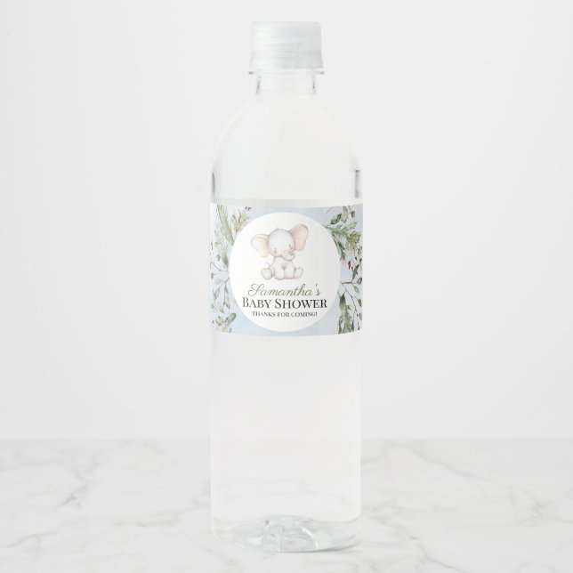 Elephant Boy Blue Greenery Baby Shower Water Bottle Label (Front)