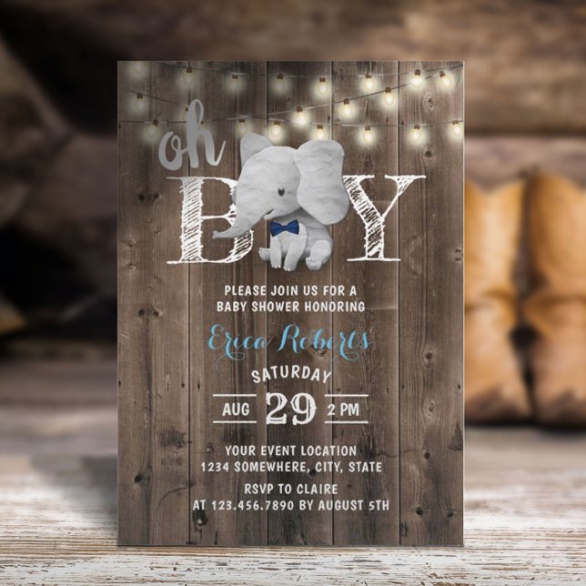 Elephant Boy Rustic Barn Wood Baby Shower Invitation (Creator Uploaded)