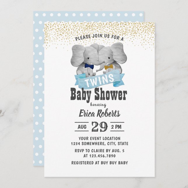 Elephant Boy Twins Gold Confetti Baby Shower Invitation (Front/Back)