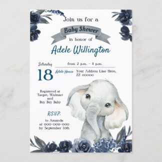 Elephant Boy Watercolor Floral Navy Blue Baby Invi Invitation