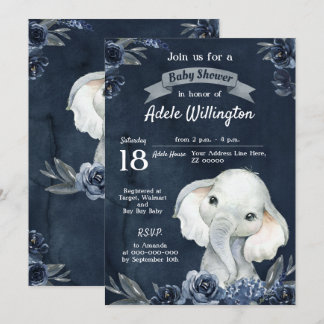 Elephant Boy Watercolor Floral Navy Blue Baby Invitation