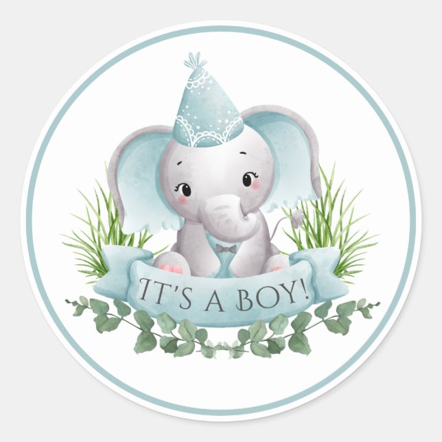  Elephant Boys Baby Shower Stickers (Front)