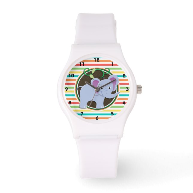Elephant; Bright Rainbow Stripes Watch (Front)