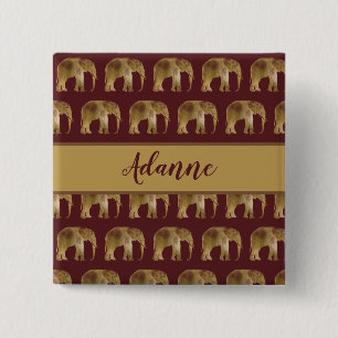 Elephant Burgundy and Gold Pattern 2 Inch Square Button