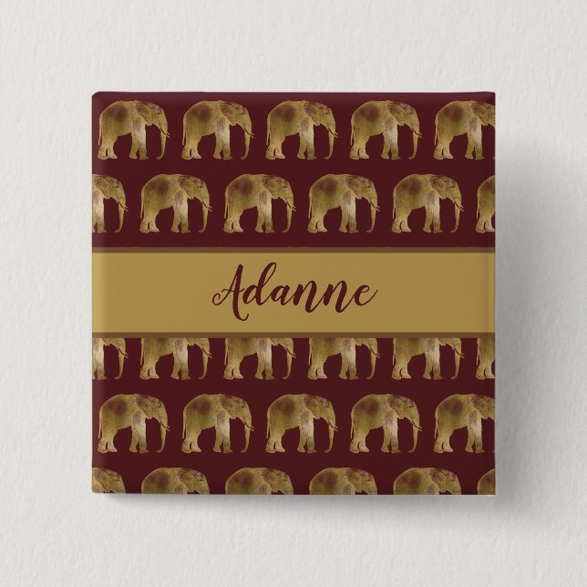 Elephant Burgundy and Gold Pattern 2 Inch Square Button (Front)