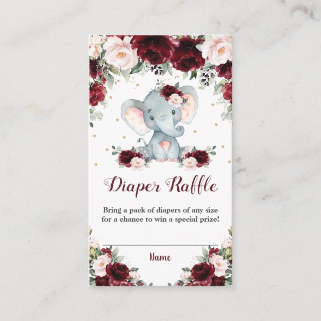 Elephant Burgundy Blush Floral Diaper Raffle Baby Enclosure Card (Front)