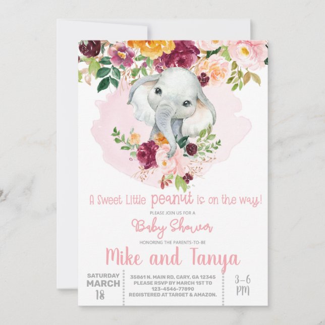 Elephant & burgundy flowers baby shower invitation (Front)