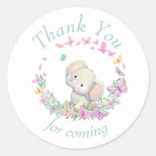 Elephant  Butterflies Baby Shower Thank You   Classic Round Sticker