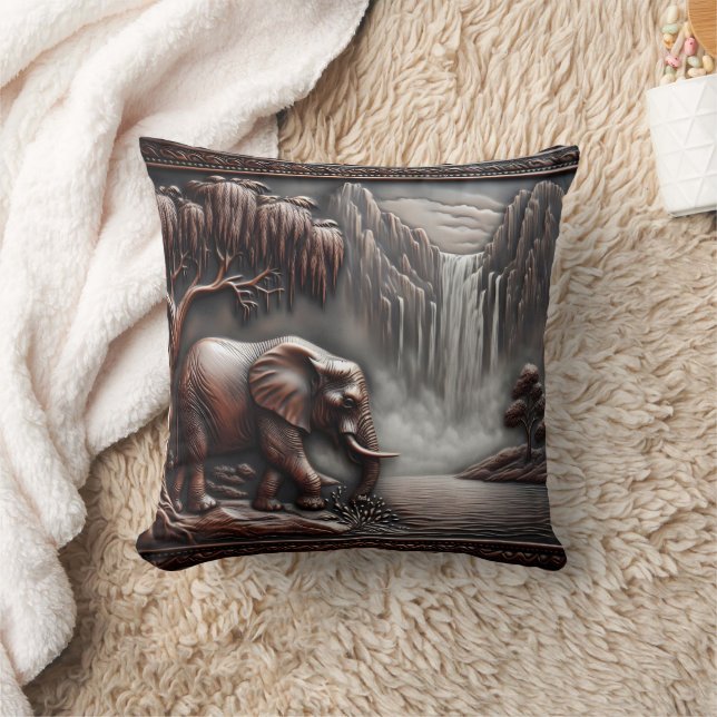 Elephant by Waterfall in Carved Relief Throw Pillow (Blanket)