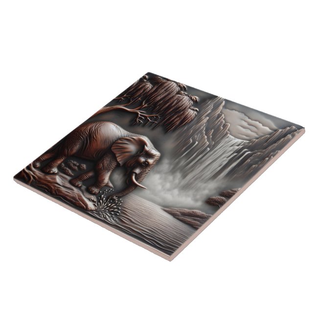 Elephant by Waterfall in Carved Relief Tile (Side)