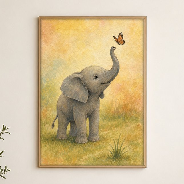 Elephant Calf with Butterfly Watercolour Poster (Shown framed for scale. Poster ships unframed; frames are an optional add-on.)