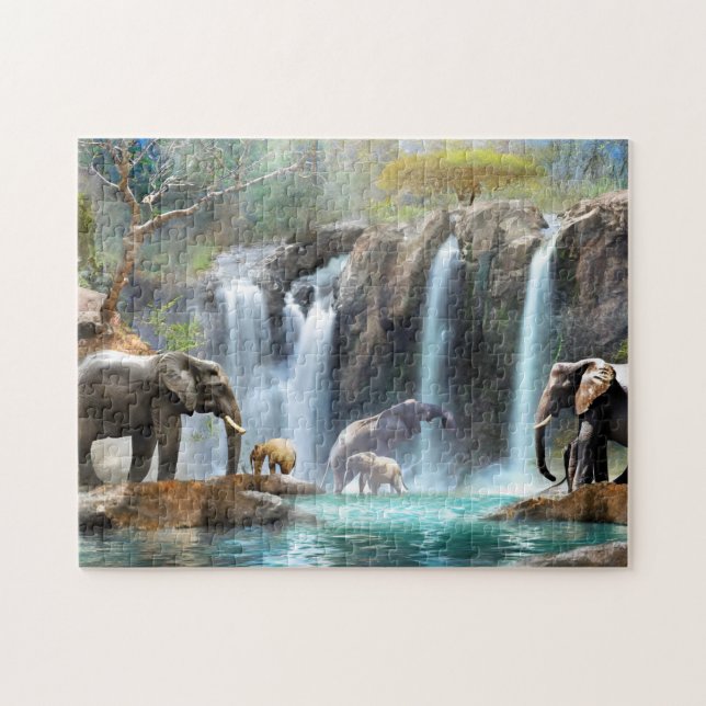 Elephant Cascade 3 Photo Puzzles Internet Jigsaw (Horizontal)