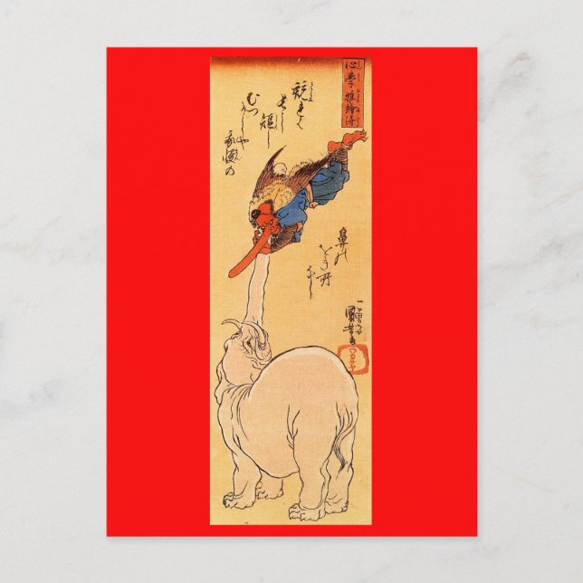 Elephant catching a flying Tengu. Circa 1800's Postcard (Front)