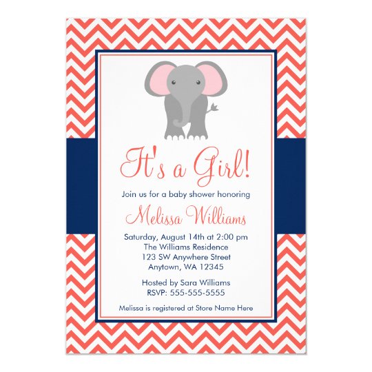 Elephant Chevron Coral Navy Blue Girl Baby Shower Card