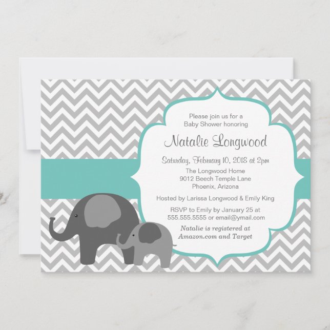 Elephant & Chevron Customizable Colour Baby Shower Invitation (Front)